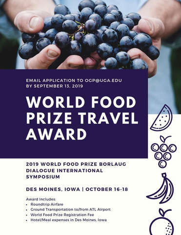 Have an interest in a nutritious and sustainable food supply? Apply for the World Food Prize Travel Award to attend the 2019 World Food Prize, Borlaug Dialogue International Symposium held in Des Moines, Iowa from October 16th - 18th. Check it out here: caes.uga.edu/students/schol…