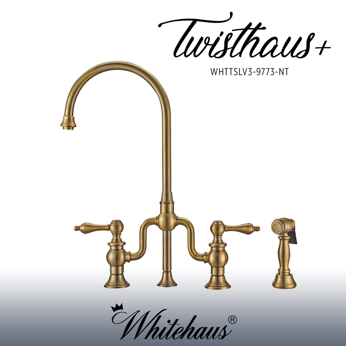 The Twisthaus Plus WHTTSLV3-9773-NT kitchen faucet shines in this classic kitchen. It features a long gooseneck swivel spout, solid lever handles and a solid brass side spray. 
whitehauscollection.com/product/whttsl…

Kitchen design &amp; image: moniquewrightinteriordesign.com