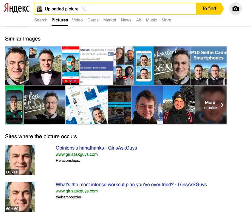 A simple Yandex image reverse search on  @marco26700420’s profile picture leads us a little further down the rabbit hole - we can see it is not a genuine account.