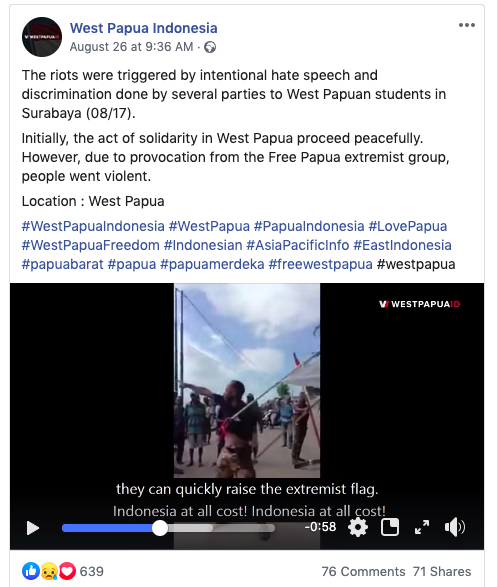 On  @YouTube, the channel uses videos to provide its own narrative. On  @facebook the content labels the freedom movement as as the “Free Papua extremist group” and claim they are the cause of the violence.