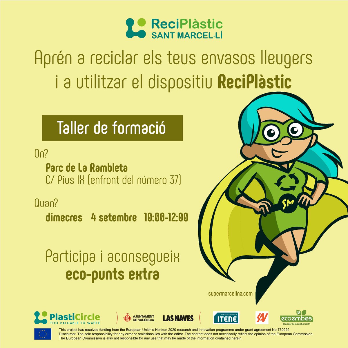 vlcilab's tweet photo. Tornen els tallers a Sant Marcel·lí! Si voleu aprendre a reciclar els envasos lleugers i el funcionament del dispositiu #Reciplastic, acudiu demà al parc La Rambleta. @carlosgaliana @itene @SAV_lavega @ecoembes @AVVSMarceli @circ_economy @PlasticsEuropES Més info: https://t.co/fc0oiawc0d