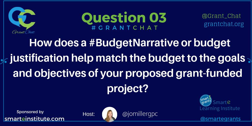 Grant_Chat's tweet photo. Q3: How does a #BudgetNarrative or budget justification help match the budget to the goals and objectives of your proposed grant-funded project? #GrantChat https://t.co/lAgNa1kOX8