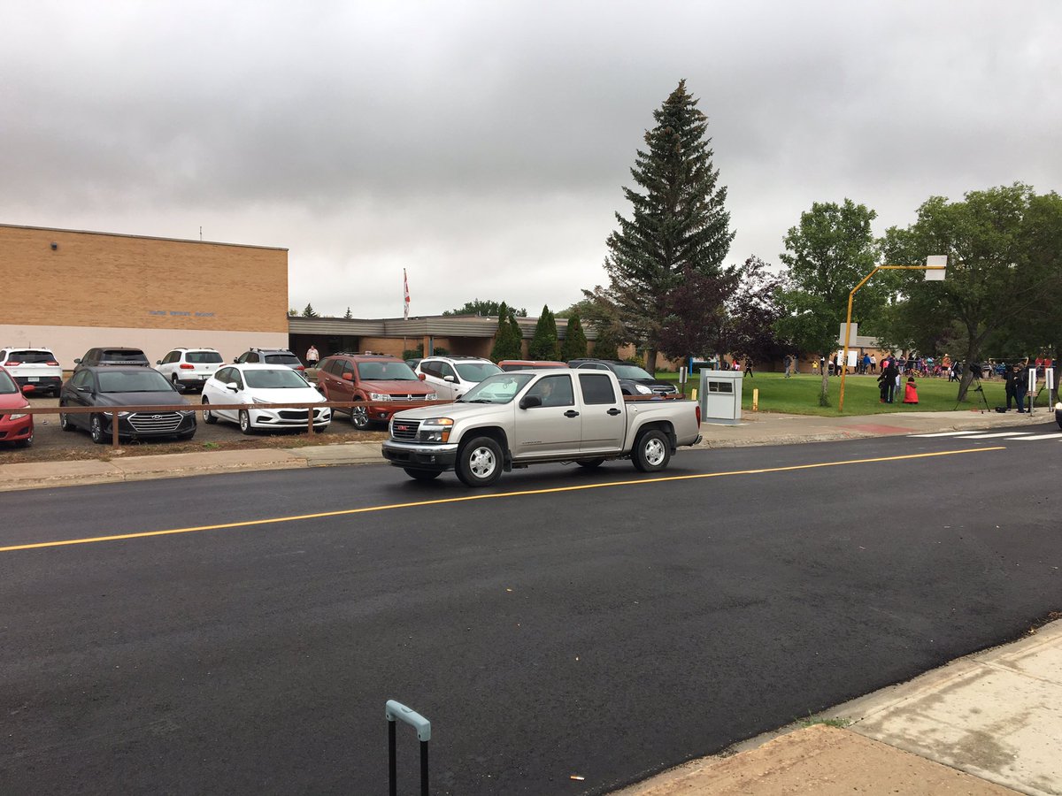 At Judge Bryant School in Regina talking school zone safety. Thank you to SGI for once again putting the spotlight on school zones on this first day of school. Drive safe! #ssba