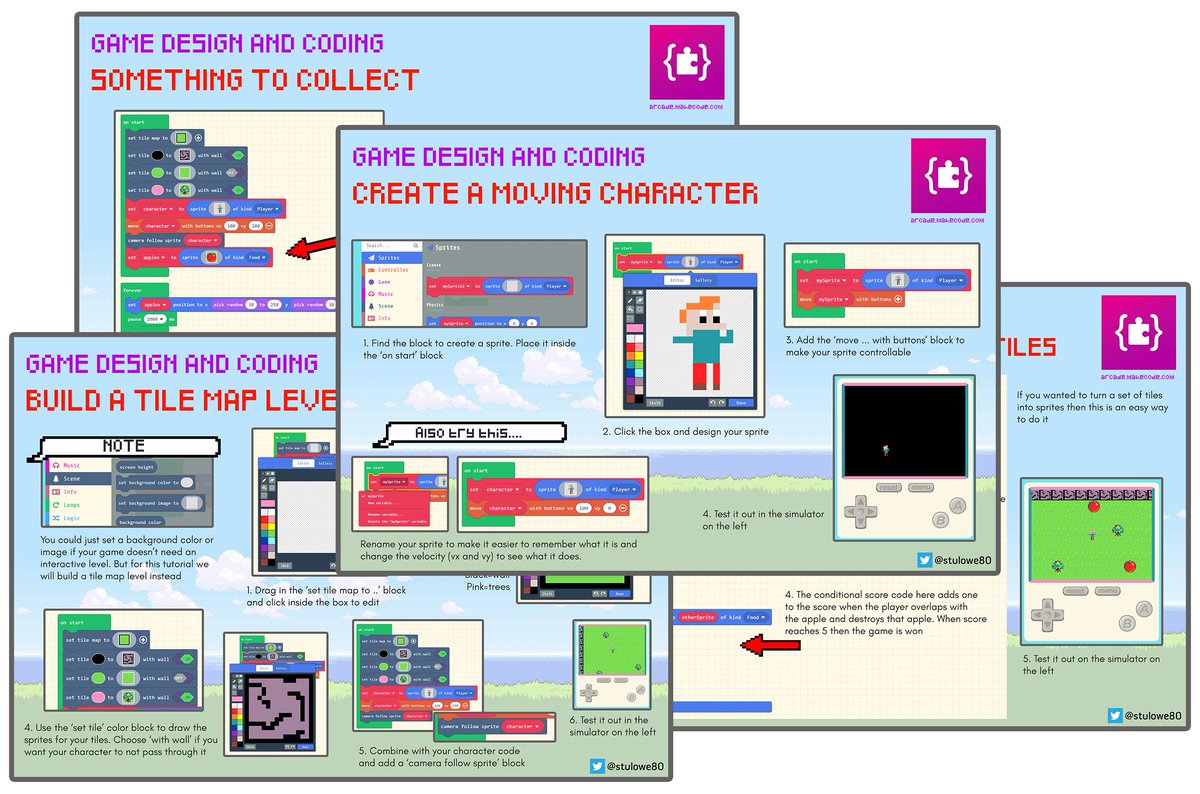 Started creating a set of tutorial cards for <a href="/MSMakeCode/">Microsoft MakeCode</a> Arcade. Folder here: drive.google.com/drive/folders/… These first ones are for our Game design &amp; Coding club starting tomorrow. I'll be adding more weekly as they learn it. Help yourself if the cards are useful #edtech