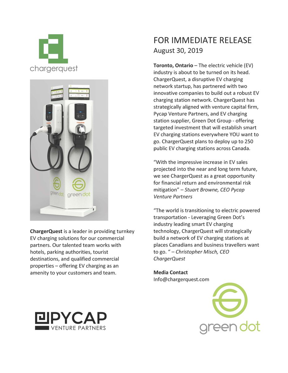 An historic day in the Electric vehicle industry for EV owners and business leaders in Canada. Pycap Venture Partners portfolio company ChargerQuest is deploying up to 250 public charging stations across Canada to help improve connectivity and emission free travel.