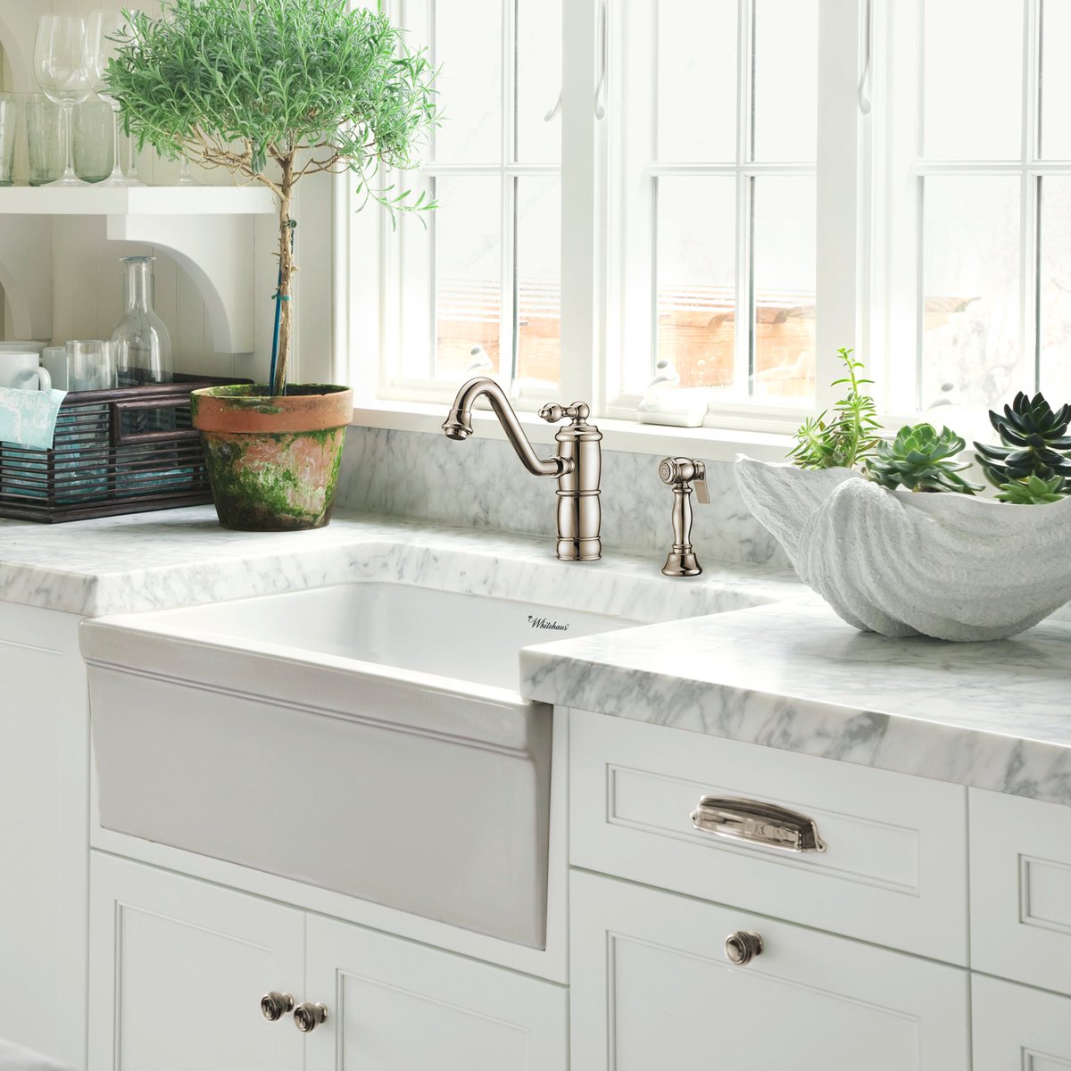 Unsurpassed quality and stunning aesthetics are the perfect combination: Glencove WHQ5530 reversible fireclay kitchen sink in White + Vintage III Plus WHKTSL3-2200-NT kitchen faucet and side spray, in Brushed Nickel, <a href="/WhitehausC/">Whitehaus Collection</a> 

whitehauscollection.com/product/whq553…
whitehauscollection.com/product/whktsl…