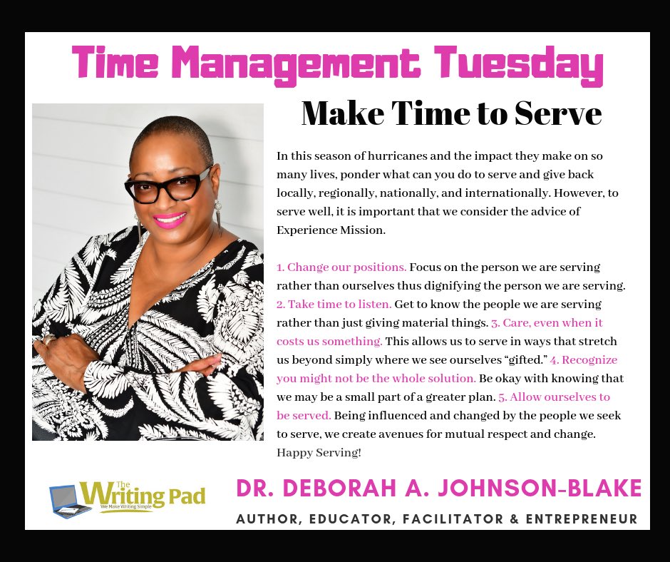 djohnsonblake's tweet photo. Welcome to Time Management Tuesday! #timemanagement #tuesday #managingtimeonpurpose #deborahjohnsonblake2019 #djohnsonblake2019 #efficiencyrocks #thewritingpadllc #tuesdaytip https://t.co/FTuv6Wp5Cu