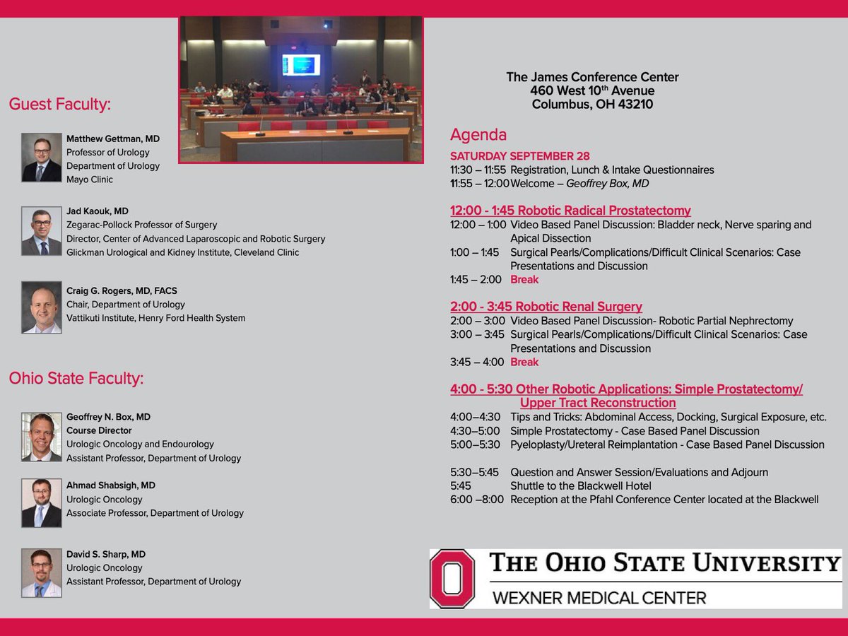 OSU_Urology's tweet image. We still have spots left for our 11th Annual Urology Resident Preceptorship in Robotic Surgery on Sept. 28-29, 2019 at OSU. Please join our world renowned guest faculty: @CraigRogersMD @drjkaouk @matthewgettman to learn about #robotics. Register today!  
@Endo_Society @Geoff_Box