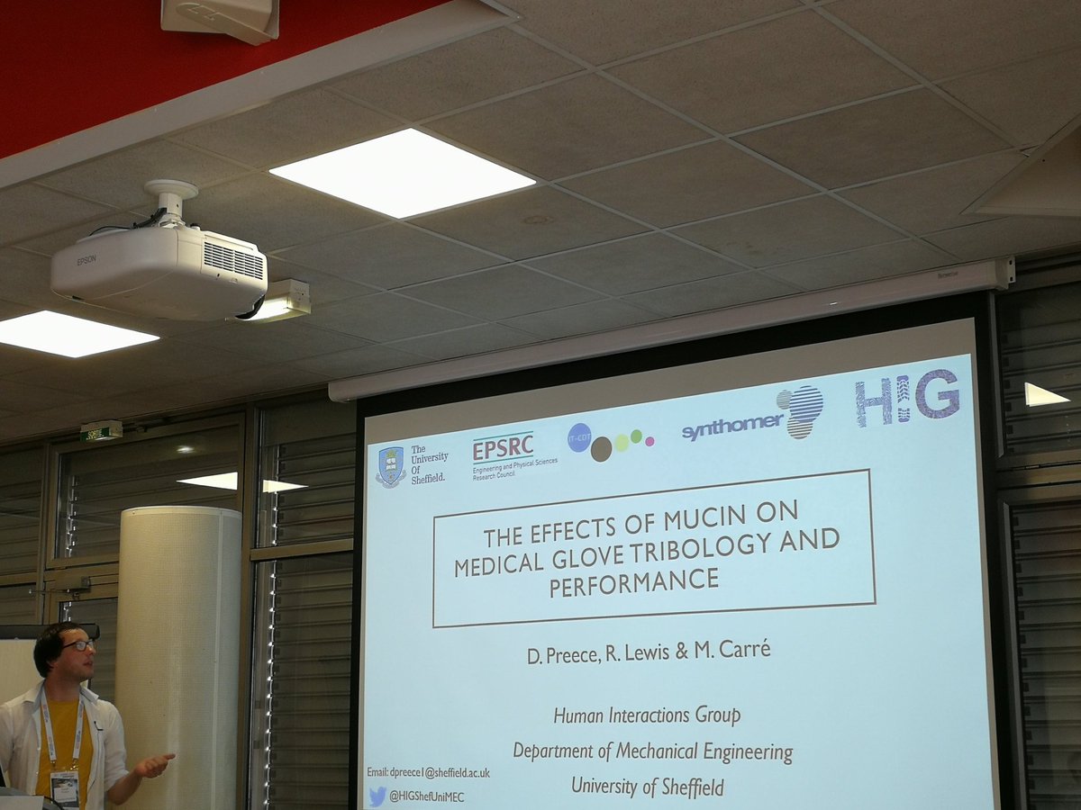 MattJCarre's tweet photo. Great #tribology #leedslyon talk today from @HIGShefUniMEC and @SheffMechEng @ITCDT team member Daniel @crimescenevegas on the effects of mucin on medical glove dexterity performance. Icky stuff that mucin! https://t.co/4wgLQTaJhC