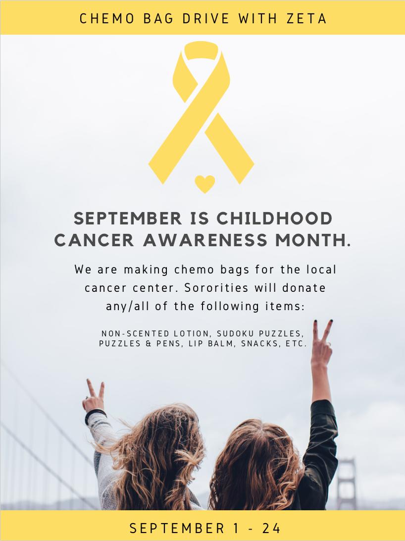 Hey September! This month is childhood cancer awareness month and Auburn Panhellenic is partnering with Zeta to make chemo bags for the local cancer center. Donate donate donate!!! #aupanhellenic