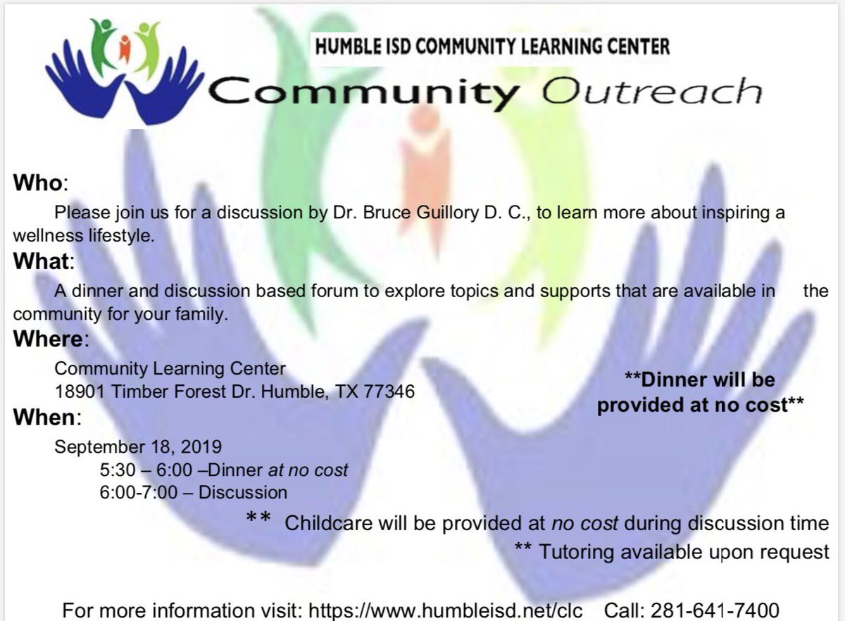 drjanamclain's tweet photo. Join us at @HumbleISD_CLC for our September 18th Community Outreach event! @docbruce65 will be discussing lifestyle wellness! @HumbleISD #BeTheLight #wellness #CLCproud #servingourcommunity https://t.co/pZjoUku3sr