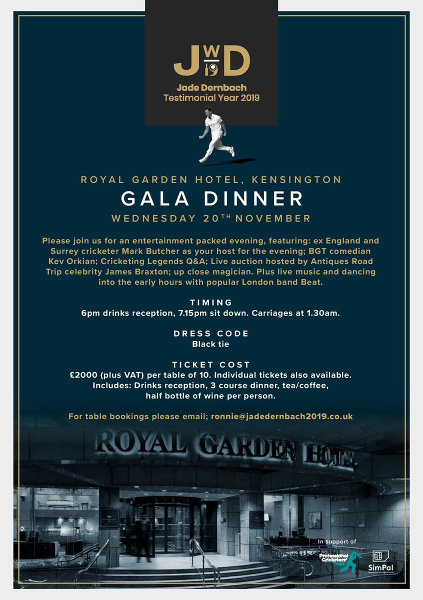 JwdTestimonial's tweet photo. GALA DINNER @ The Royal Garden Hotel, Kensington! To book your table click on the link in our bio now 🙌🏼🏏 #JWDTestimonial #JWD2019 #JadeDernbachTestimonial #TheAshes @royalgdnhotel https://t.co/PkMCgILu1L