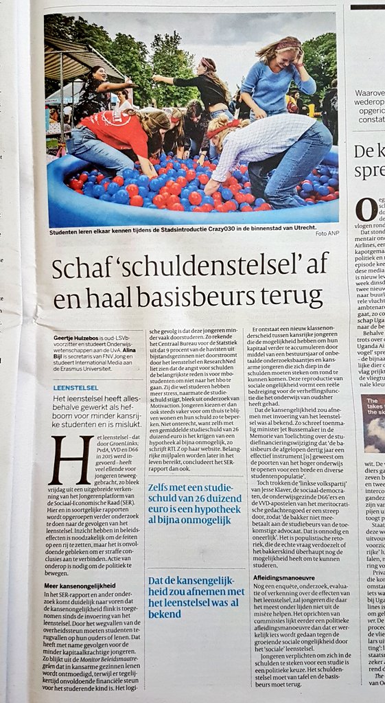 Het leenstelsel werkt niet. De gevolgen zijn nadelig voor jongeren die niet kapitaalkrachtig zijn. 

Vandaag in de <a href="/volkskrant/">de Volkskrant</a> met <a href="/GeertjeHulzebos/">Geertje Hulzebos</a> 

Doe mee met <a href="/YoungUnitedNL/">FNV Young & United</a> !