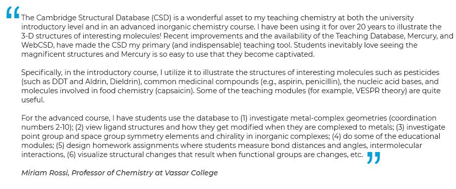 ccdc_cambridge's tweet photo. Thank you to Miriam Rossi at Vassar College for her great feedback and summary of how she uses the CSD in her teaching. It's always great to hear how our educational tools are being used to benefit the scientific community! #csd #CSD1Million #education https://t.co/ATtZjcJhnZ https://t.co/wiP6YqPmCq