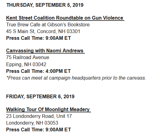 jdistaso's tweet photo. Today the @BetoORourke
campaign announced Amy O'Rourke will make her first solo visit to the NH on Thurs-Fri, beginning a day before husband arrives. Will speak at gun violence prevention event, canvass w/ @NaomiAndrewsNH & tour local biz. Schedule here. #fitn #nhpolitics #WMUR https://t.co/tEwjtsXIVP