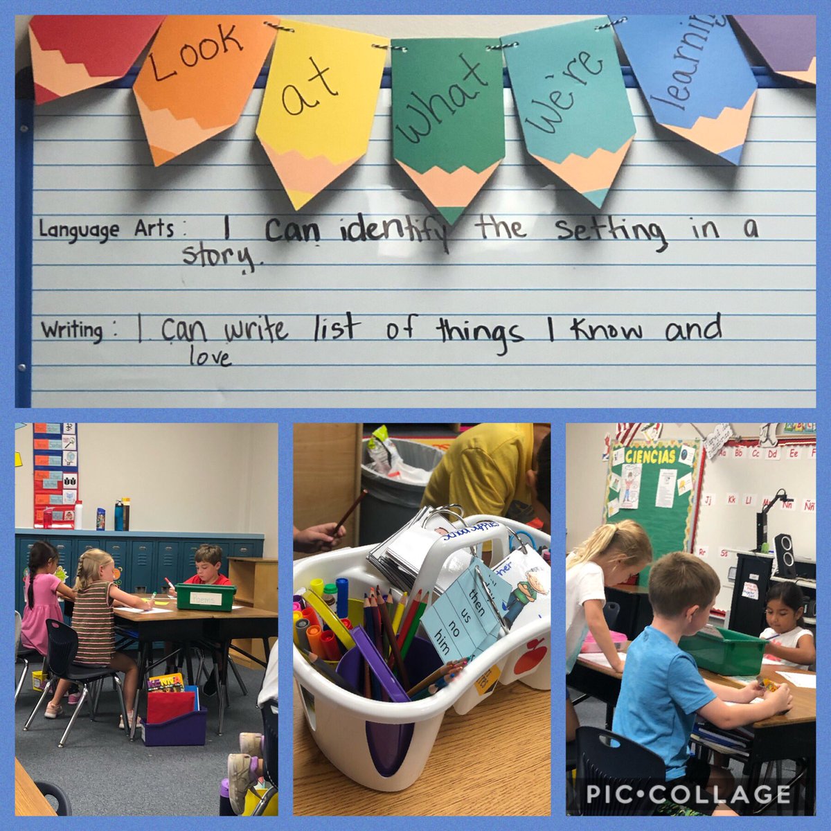 Literacy stations...reading a poem, finding vowels, writing, listening to a book, and answering questions about reading! #thewildcatway #1LISD