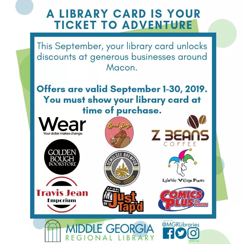 MGRLibraries's tweet image. This September, your library card unlocks discounts at generous businesses around Macon. 

Offers valid Sept 1-30, 2019. Must show library card at time of purchase.

#OurMGRL