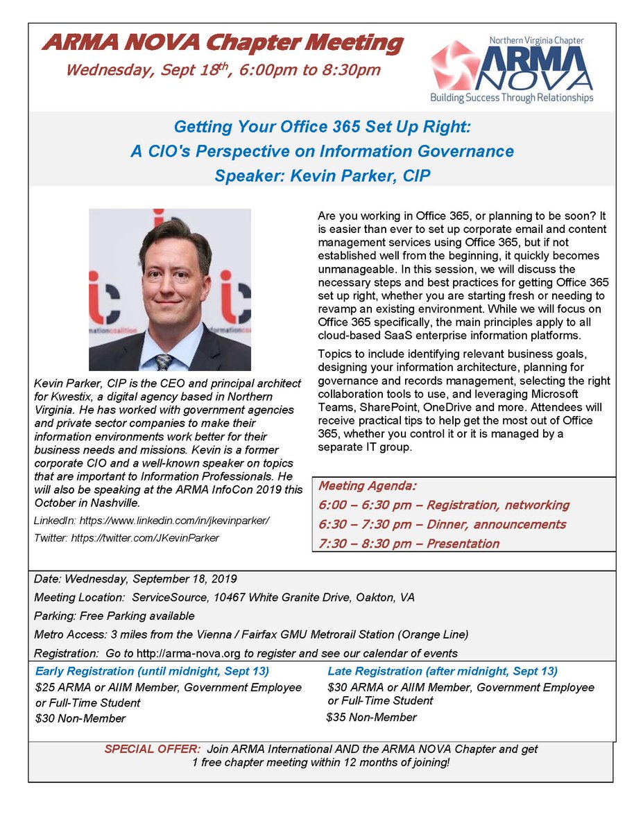 It's the end of summer &amp; we're ready to start the new season w our mtg on getting o365 set up right for #InfoGov on 9/18! Speaker is <a href="/JKevinParker/">J. Kevin Parker</a>. In Fairfax-dinner &amp; networking! #RIM #InfoMgmt <a href="/nccaiim/">Information Professionals of DC</a> arma-nova.org/meetinginfo.ph…