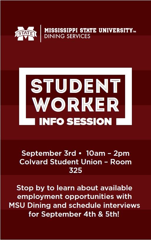 msstatedining's tweet photo. Interested in working on campus? Come by our Student Worker Info Session today to learn about exciting opportunities &amp; free meals! 🍔😃 #msstatedining https://t.co/LJVcdEUeGn