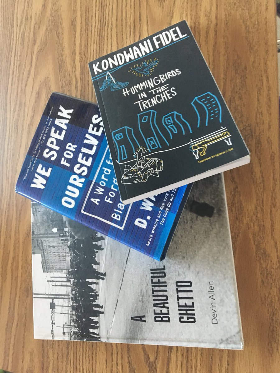 KondwaniFidel's tweet photo. My book #HummingbirdsInTheTrenches, @dwatkinsworld’s #WeSpeakForOurselves, and @bydvnlln’s #ABeautifulGhetto made it into Mr. O’s honors curriculum he created for middle school English for the city🙏🏾 https://t.co/Jy5N8eoI41