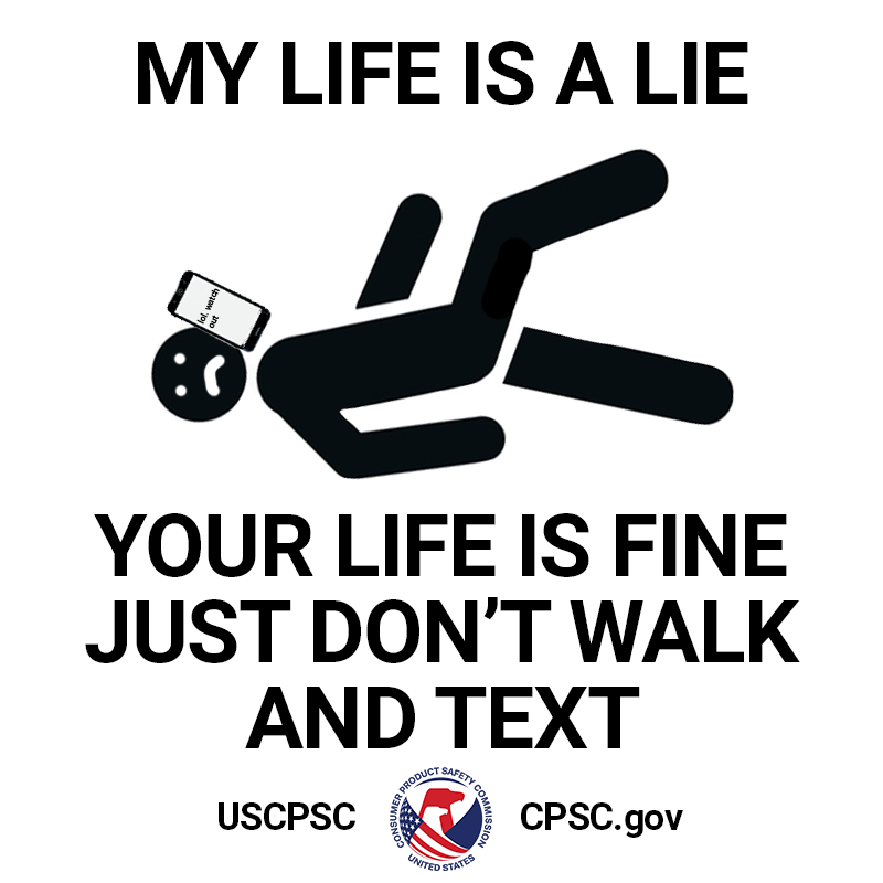A person lying on the ground with a phone on their face. The text reads: My life is a lie. Your life is fine, just don't walk and text.