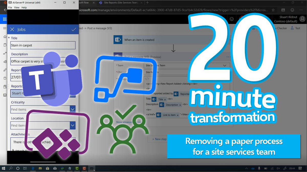 stuartridout's tweet photo. I've just started a new video series called "20 minute transformations" where I look at quick win digital transformations using @MicrosoftTeams, @PowerApps, @MicrosoftFlow and Planner. I'd love to know what you think and any suggestions for future videos. https://t.co/b0XeV6ccDf https://t.co/03ORxMDNFR