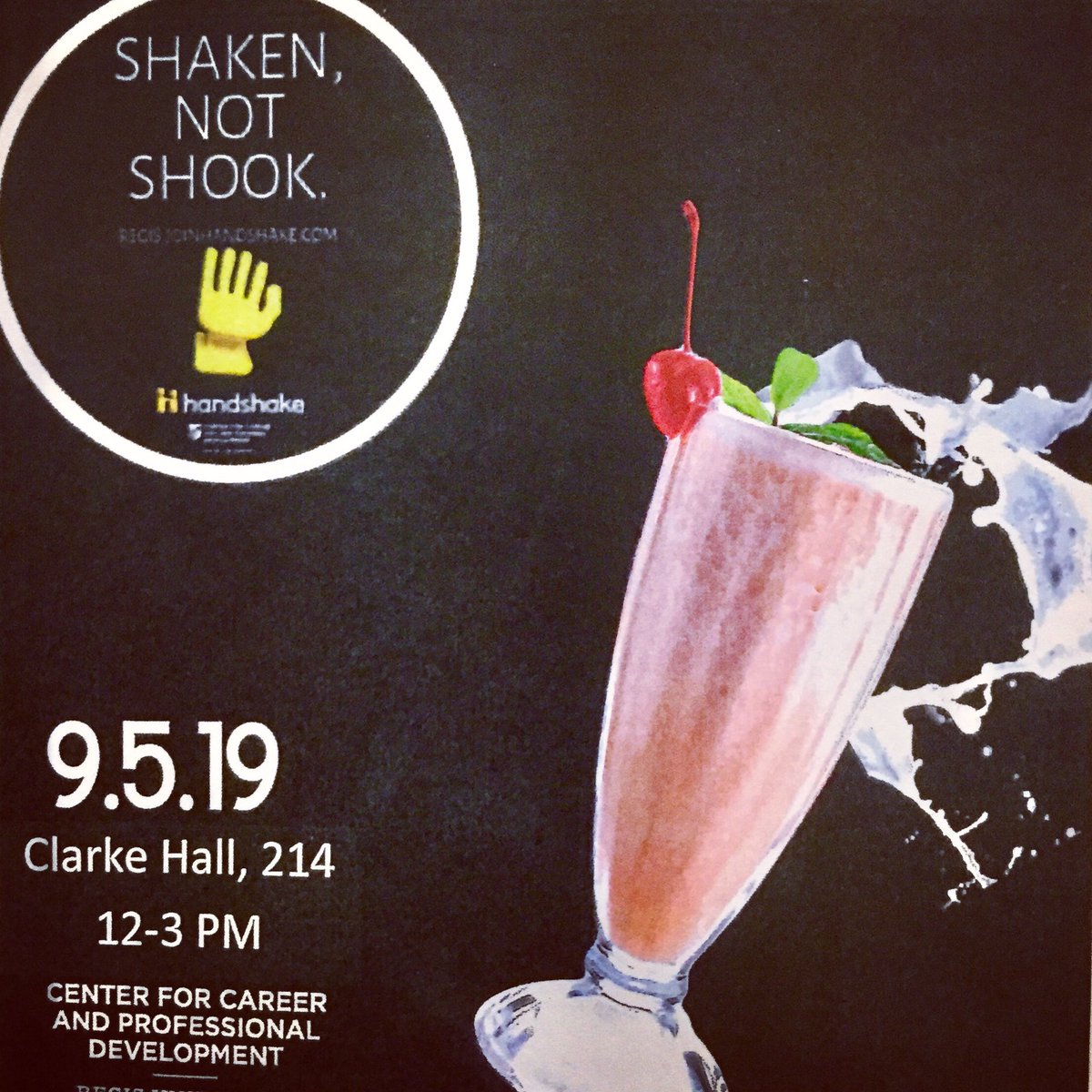 RegisCareers's tweet photo. Feeling shook? Have a shake! @RegisUniversity students are invited to drop by the Career Center in Clarke Hall 214 on Thurs 9/5 from 12-3 PM for a free milkshake on us! Dairy-free options will be available, and yummy snacks, too. 
#thisisregis 
#regisstrong https://t.co/PEUVfoYzQt
