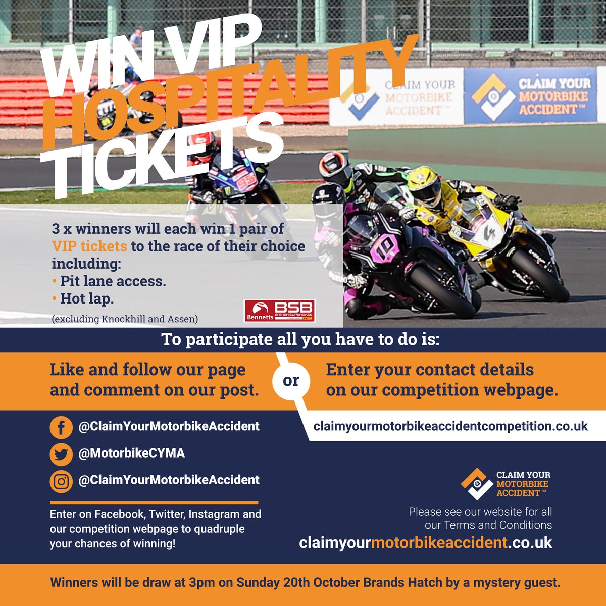 MotorbikeCYMA's tweet photo. If you're at @Oulton_Park for @OfficialBSB @tommybridewell is with us at 10AM today, in Trade Area A.
We've also got the opportunity to win VIP BSB tickets - just ask our #ClaimAngels - or see the poster below. https://t.co/0Q0RgWgOHV