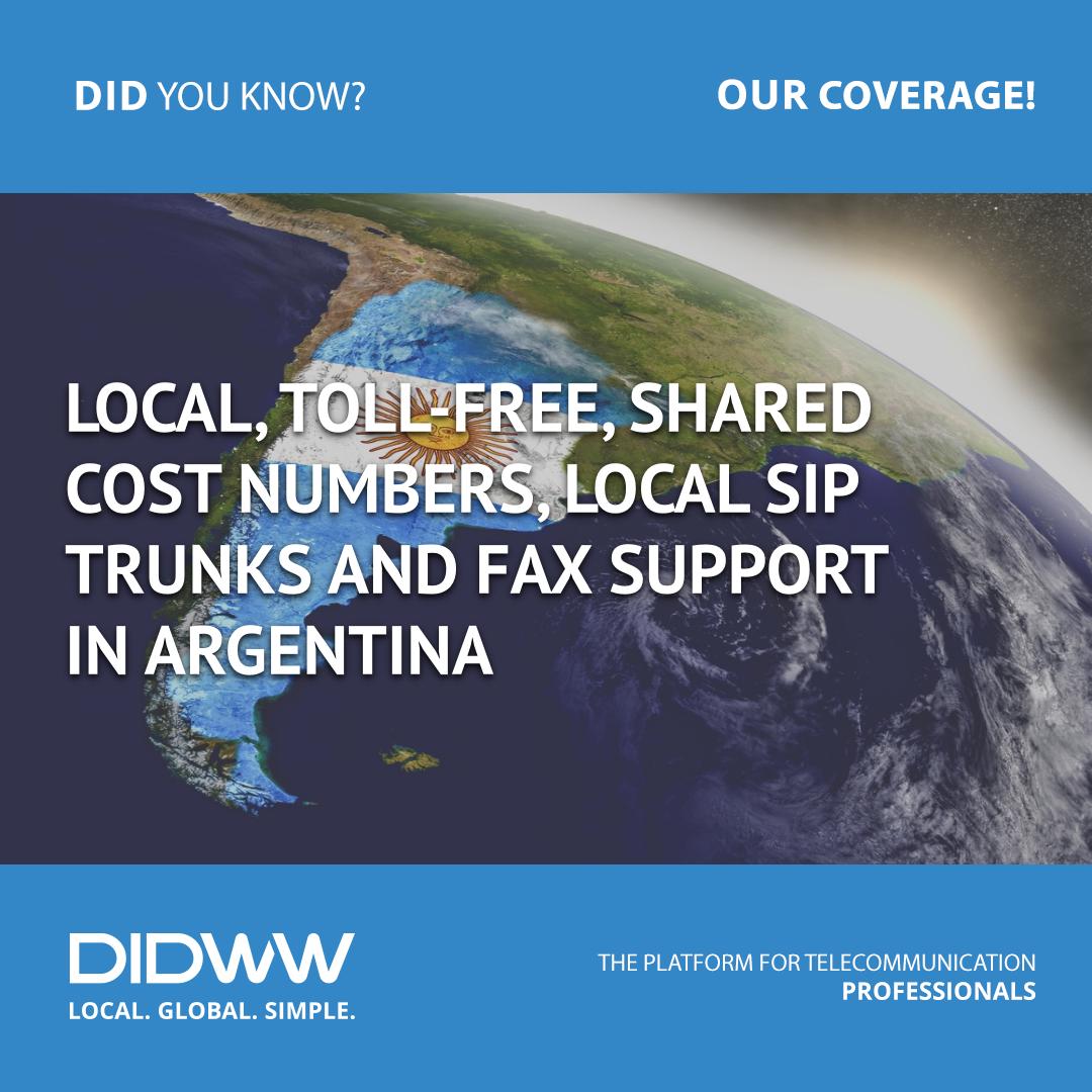 DIDWW's tweet image. #DIDWWCoverage #Argentina #LocalNumbers #TollFreeNumbers #SharedCost #LocalSIPTrunks #FaxSupport #telecommunication