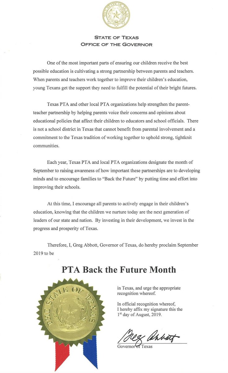 txstatepta's tweet photo. .@GovAbbott designates September 2019 "PTA Back the Future Month." It's a great time to encourage others to #backthefuture and join PTA! https://t.co/VygJX1dI7A