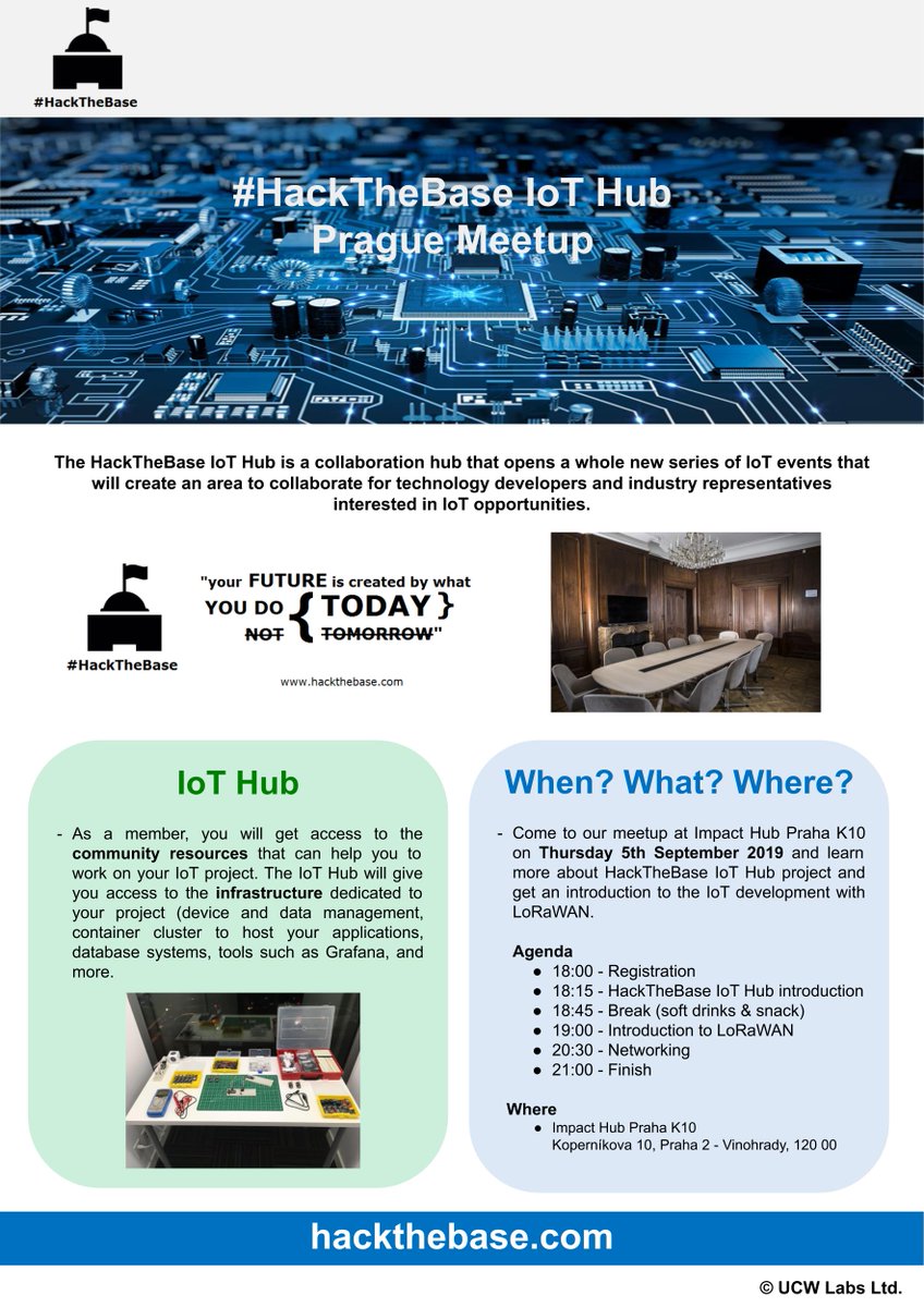 HackTheBase's tweet photo. Come to our #HackTheBase #IoT #Hub #Prague meetup at Impact Hub Praha K10 on Thursday 5th September 2019 and learn more about HackTheBase IoT Hub project and get an introduction to the IoT development with #LoRaWAN. https://t.co/g9yxQkxb9B https://t.co/qeI68Soh26