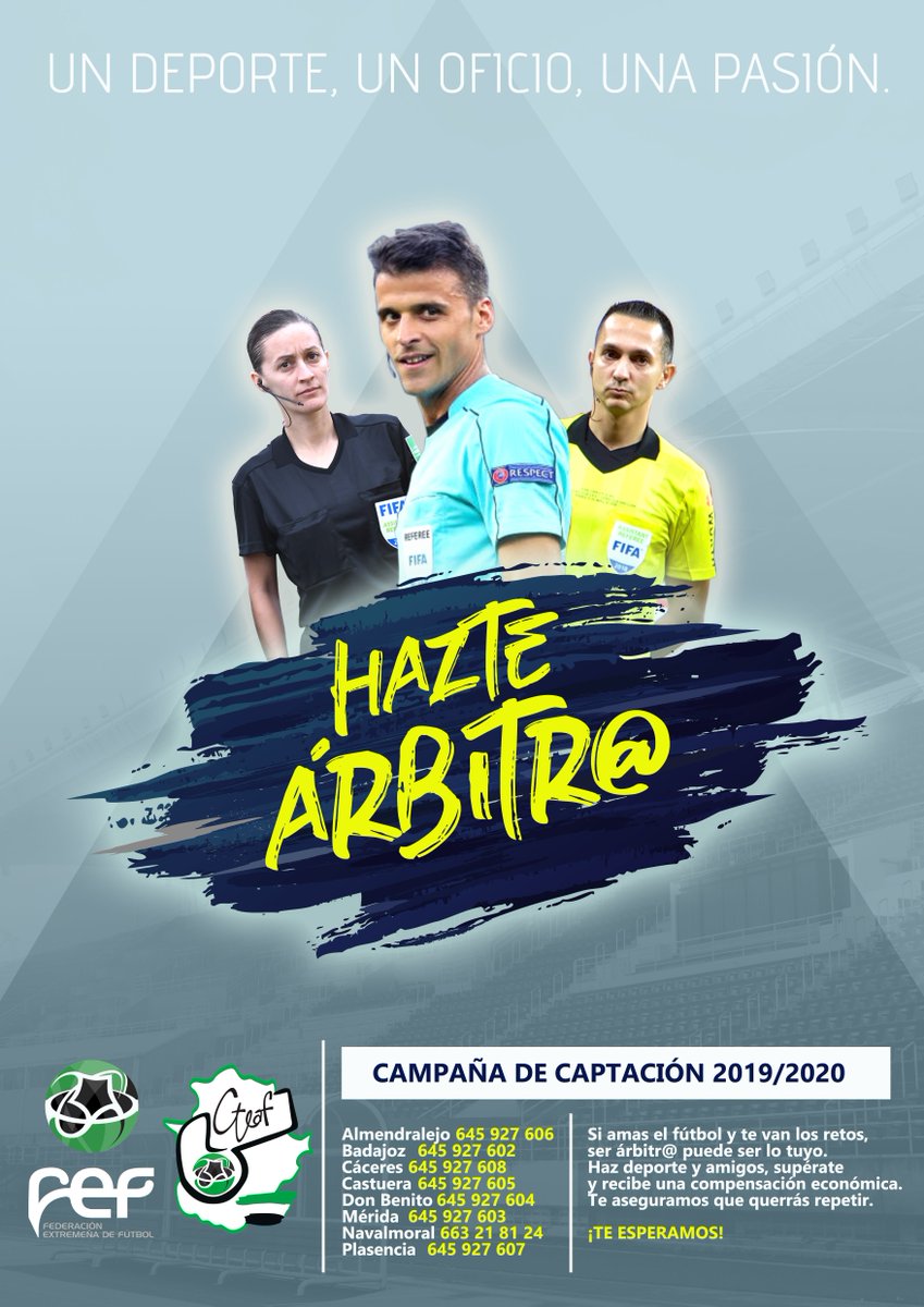 FedExFutbol's tweet photo. 📣¡¡¡HAZTE ÁRBITRO/A!!! 👉La @fedexfutbol y el Comité Extremeño de Árbitros de Fútbol lanzan la 📋CAMPAÑA DE CAPTACIÓN arbitral 2019/2020 | 🤓Haz deporte, haz amigos, viaja y gana una recompensa por ello | 👁Entérate de todo aquí 👉https://t.co/XVUzATGwDZ https://t.co/xclQtbfkYC