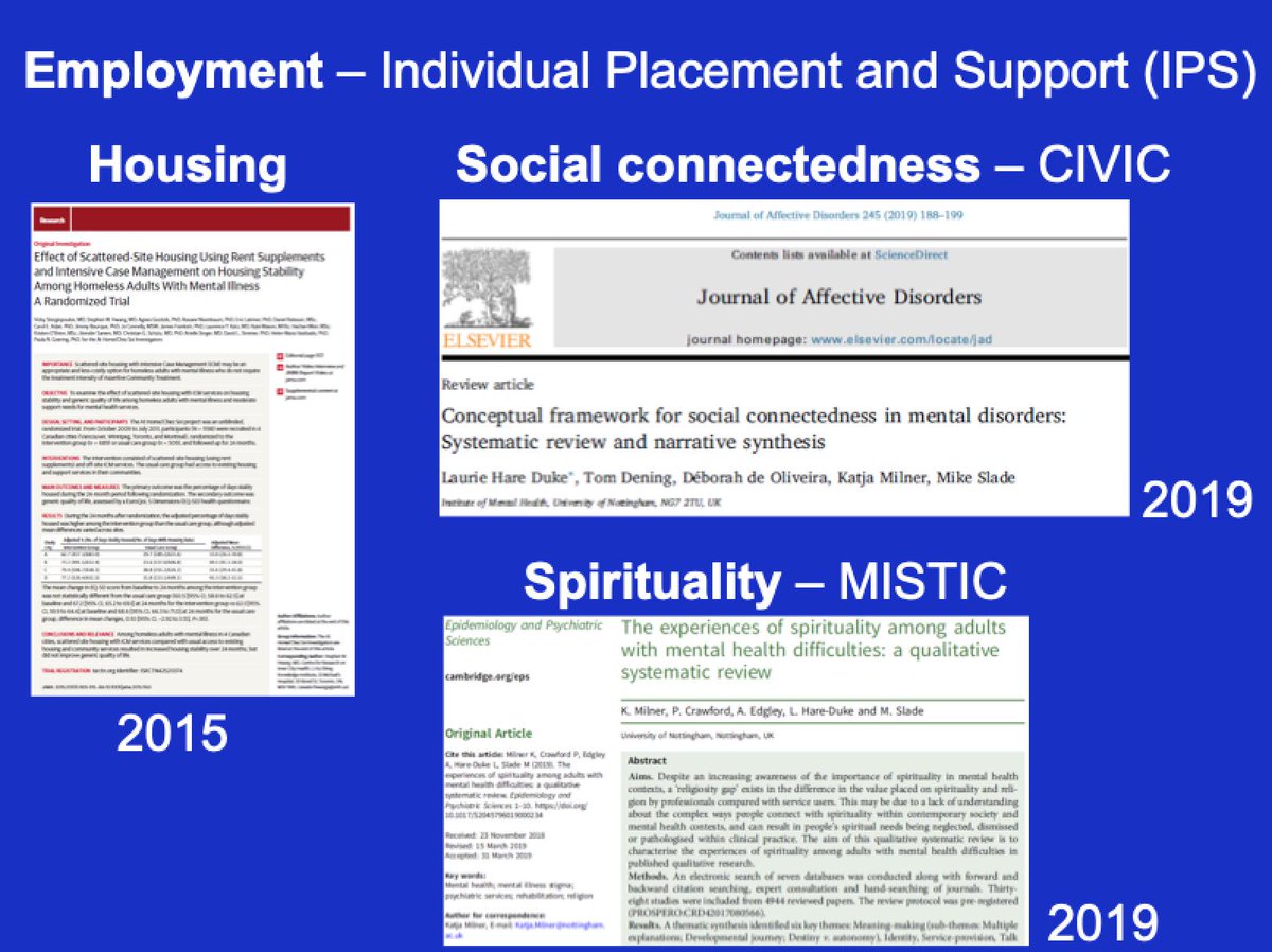 The Mental Elf (@mental_elf) on Twitter photo <a href="/InstituteMH/">The Institute of Mental Health</a> <a href="/JimvanOs1/">Jim Van Os</a> @JohnBaker_Leeds @SimonMHR Go *wider* says Mike Slade #RonR2019
Research focus is broadening from symptoms & treatments to citizenship & society, eg IPS for work, Recovery Colleges for education (RECOLLECT) & Housing First for home. New studies include social connectedness (CIVIC) & spirituality (MISTIC) <a href="/InstituteMH/">The Institute of Mental Health</a> <a href="/JimvanOs1/">Jim Van Os</a> @JohnBaker_Leeds @SimonMHR Go *wider* says Mike Slade #RonR2019
Research focus is broadening from symptoms & treatments to citizenship & society, eg IPS for work, Recovery Colleges for education (RECOLLECT) & Housing First for home. New studies include social connectedness (CIVIC) & spirituality (MISTIC)