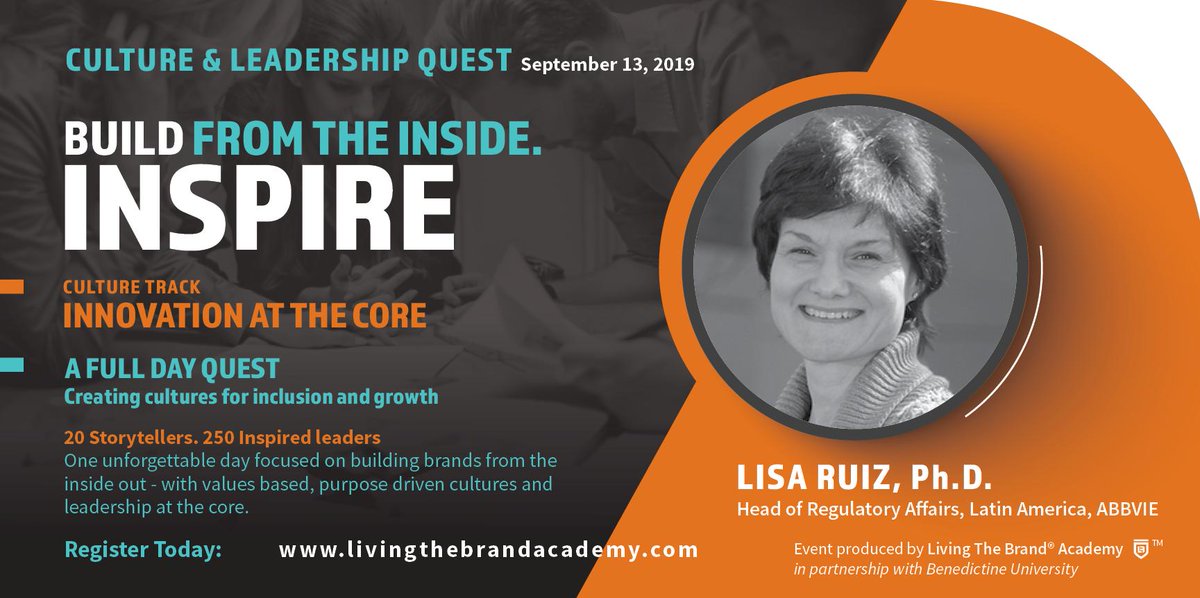 Lisa Ruiz Latin America Head of Regulatory Affairs <a href="/abbvie/">AbbVie</a> is joining us at CULTURE &amp; LEADERSHIP QUEST 2019. She travels the world not only doing great work for her company, but society in general. Attend and learn. …shipquest19.livingthebrandacademy.com #cultureandleadershipquest