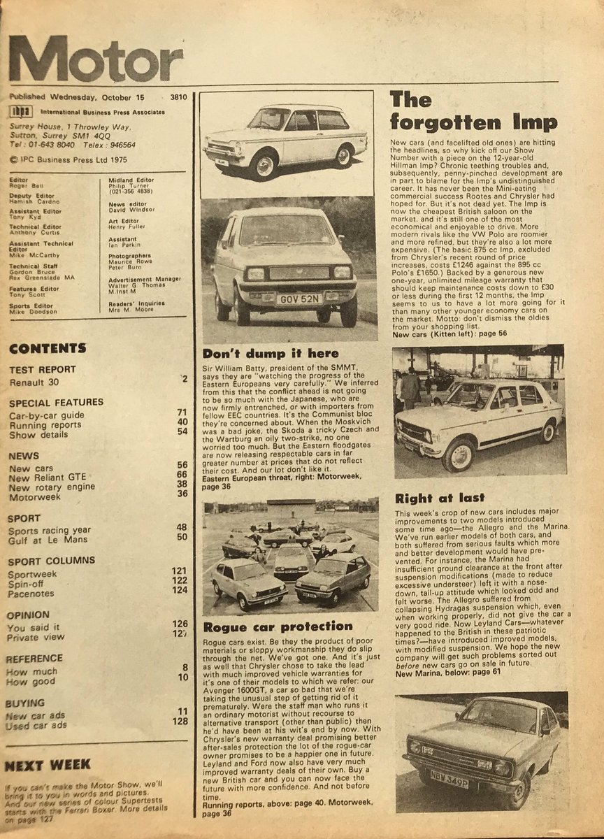 MotorArchive's tweet photo. #MOT7510 Motor magazine 18th October 1975
Cover picture : shades of Ogle with
#ReliantKitten and #ScimitarGTE
Also the #LotusEclat
Contents : see list “This Week”
Editorial : Mumblings about the #HillmanImp, Eastern bloc, rogue cars and improvements to Allegro and Marina. https://t.co/zqoeDfkWro