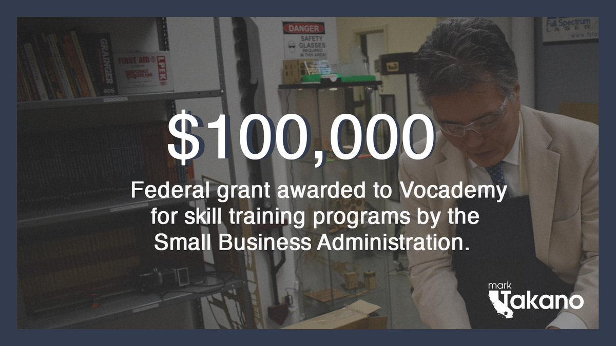Congratulations to <a href="/Vocademy/">Vocademy</a> in Riverside for receiving a $100,000 grant from <a href="/SBAgov/">SBA</a> for their skill training programs! To learn more about Vocademy's #makerspace, visit vocademy.com. For help applying for grants, please call my district office at (951) 222-0203.