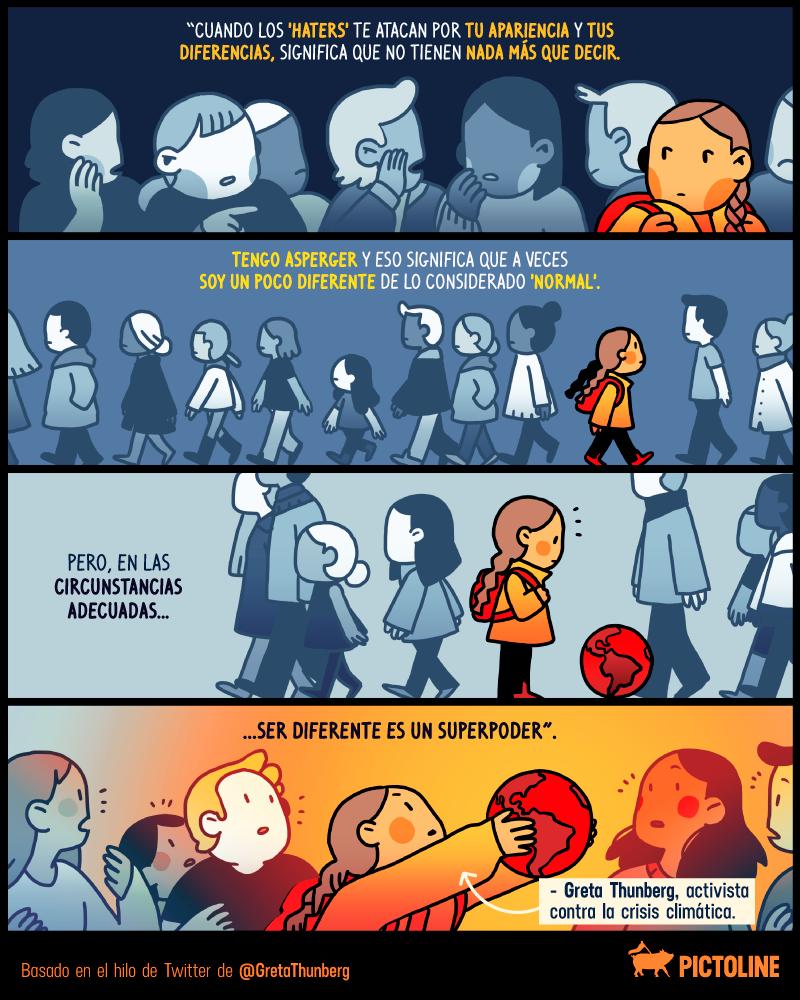 pictoline's tweet photo. A veces, ser diferentes nos hace sentir aislados del resto del mundo😞🌎
Pero para Greta Thunberg, es un superpoder 💪 https://t.co/Up9TcwiryM