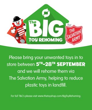 The Big Toy Rehoming is BACK! ♻️

From September 5th - 28th you'll be able to bring your unwanted toys to <a href="/EntertainerToys/">The Entertainer</a> #BaronsQuay and they will rehome them via <a href="/salvationarmyuk/">The Salvation Army</a> 

Find out more about the #BigToyRehoming  👉 loom.ly/-LCmSkY