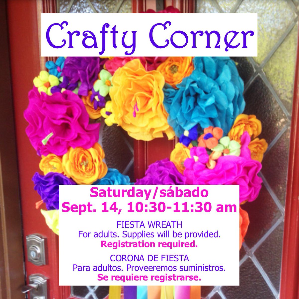 aldinelibrary's tweet photo. Make a festive floral wreath! Registration required. ¡Haga una corona floral festiva! Se requiere registro. #hispanicheritagemonth #libraryprogram #craftprogram #aldinelibrary #harriscountypl #libraryfun https://t.co/HpBlxezEz7