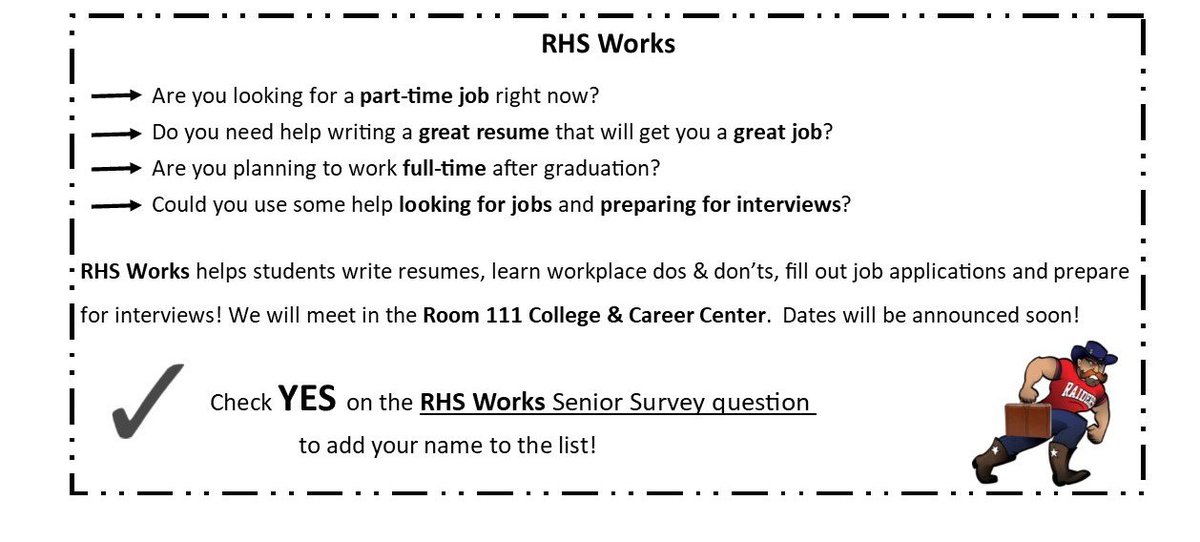 If you need help with resume building, interview skills, and seeking part-time work, please see Ms. Skaggs in the College &amp; Career Center.