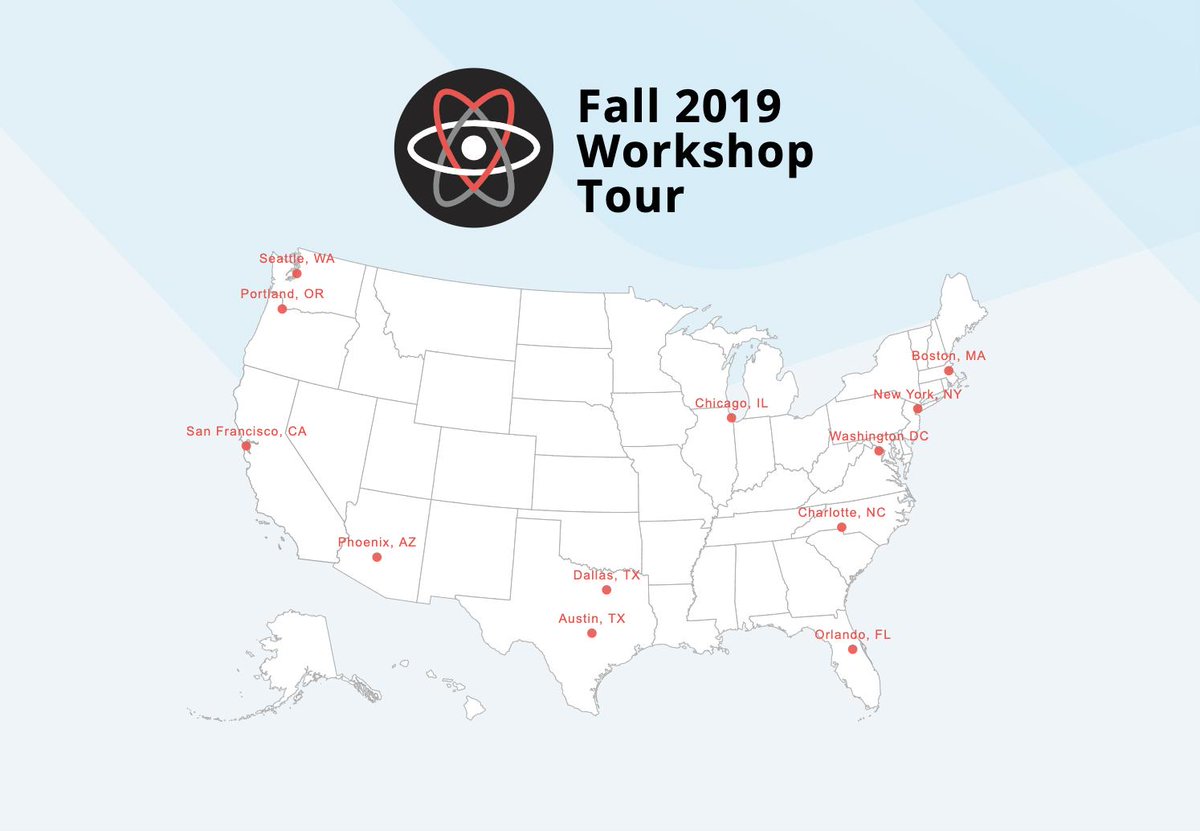 Map of the united states highlighting the cities Seattle, Portland, San Francisco, Phoenix, Dallas, Austin, Chicago, Boston, New York, Washington DC, Charlotte, and Orlando.
