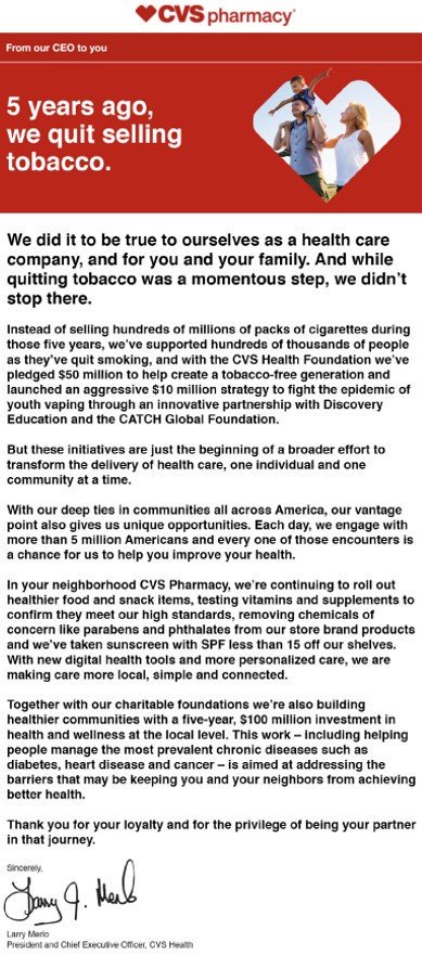 tjcrawfordBL's tweet photo. Today ~29 million #CVS customers will receive this note from @CVSHealth President &amp; CEO Larry Merlo recognizing the five-year anniversary of the company's decision to quit tobacco (still the only national pharmacy to do so) #TobaccoFree #FollowOurLead https://t.co/KOh253ocym