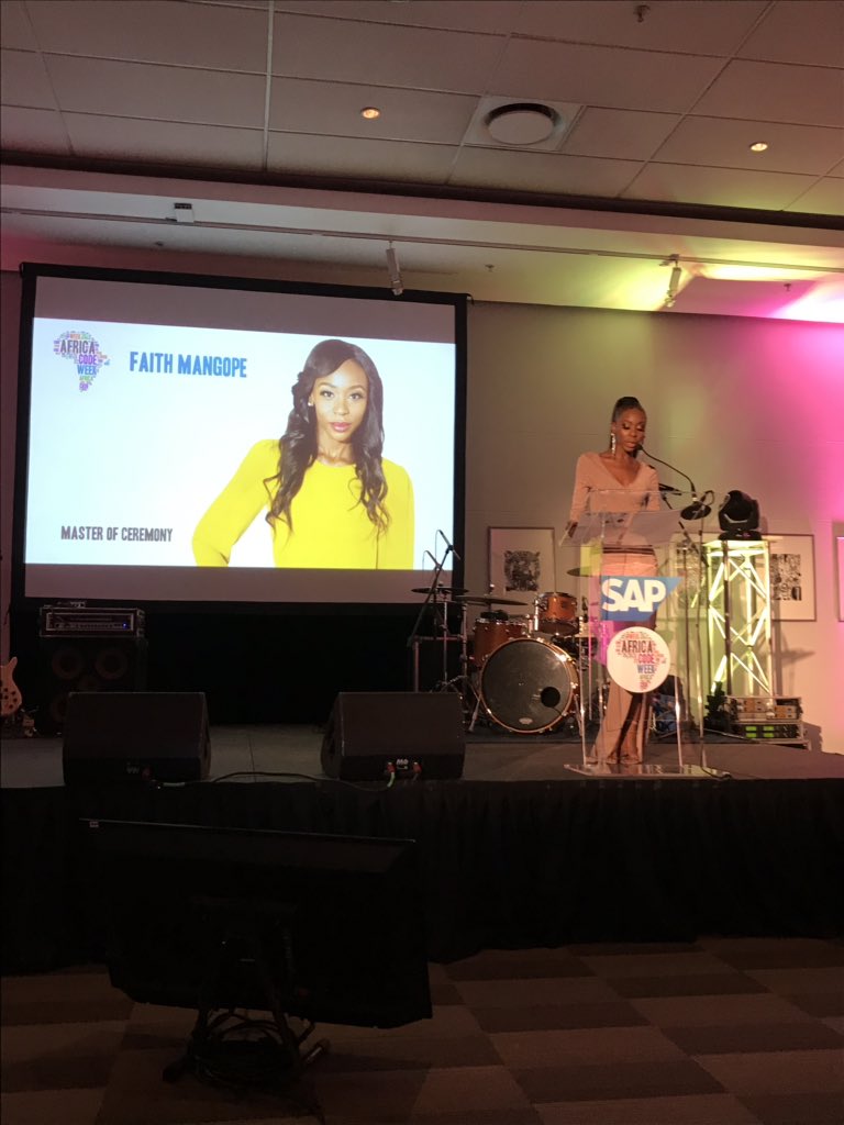 HLScomms's tweet photo. South Africa’s favourite TV personality @FaithMangope takes to the stage &amp; officially welcomes VIP guests at the launch of this year’s @SAPAfrica @AfricaCodeWeek in celebration of @WEF #AF19 https://t.co/EguBu2O8BJ