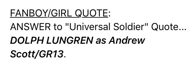 ANSWER: @ReelSmartMovies #MovieQuoteOfTheDay #UniversalSoldier (1992) @JCVD @Dolph_Lundgren @MichaelJaiWhite #AllyWalker #EdORoss #JerryOrbach #LeonRippy #RalfMoeller #RobertTrebor #TommyTinyLister #DrewSynder @TheSimonRhee @KeyFern55 @RolandEmmerich #MovieTrivia...