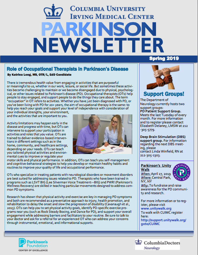 NeuroRehabLabTC's tweet photo. Columbia University Dept. of Neurology publishes a seasonal #Parkinson newsletter. Dr. Lori Quinn and Katrina Long OT @LongevityWellOT gave some advice regarding OT and PT interventions for Parkinson's Disease. Check it out!
https://t.co/hgppluvvYo #pt #ot https://t.co/eizFI4BP4k