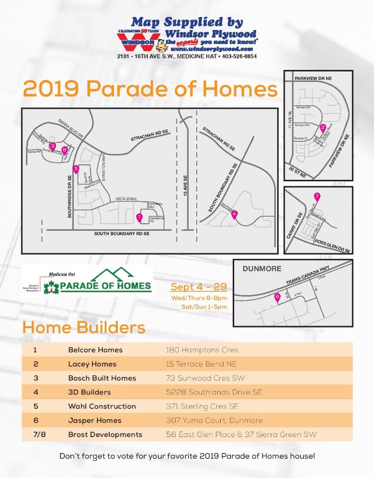 MedHatBuilders's tweet photo. #poh2019 starts this Weds 6-8pm!  Make sure you go check all these beautiful homes!  Thank you @WindsorPlywood_ for sponsoring our map this year! https://t.co/Um3Pe35aHX