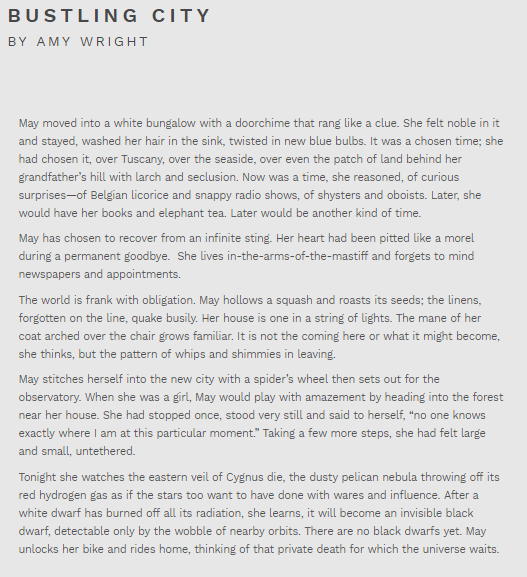 HMBMag's tweet image. "Now was a time, she reasoned, of curious surprises—of Belgian licorice and snappy radio shows, of shysters and oboists. Later, she would have her books and elephant tea. Later would be another kind of time."

--Bustling City by @amymwright #fiction
hotmetalbridge.org/bustling-city/