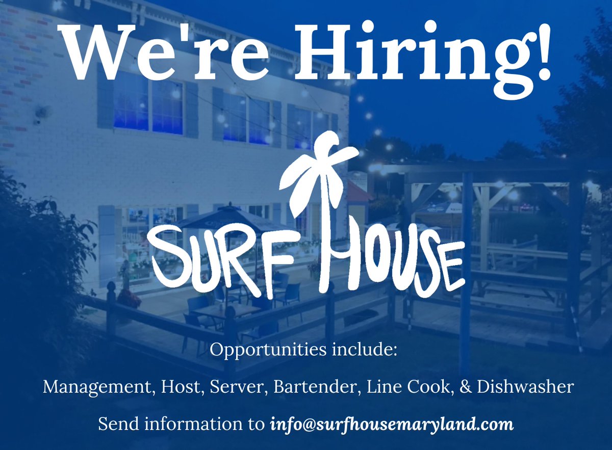 SurfHouseMD's tweet photo. If you're looking for a fun, beachy environment to work in, then look no further! We are seeking employees for many positions, &amp; would LOVE to hear from you ~ if you have a friend or loved one who may be interested then tag them! Be sure to send info to the email provided 😎🏖️💙 https://t.co/DX7hI6HLJv