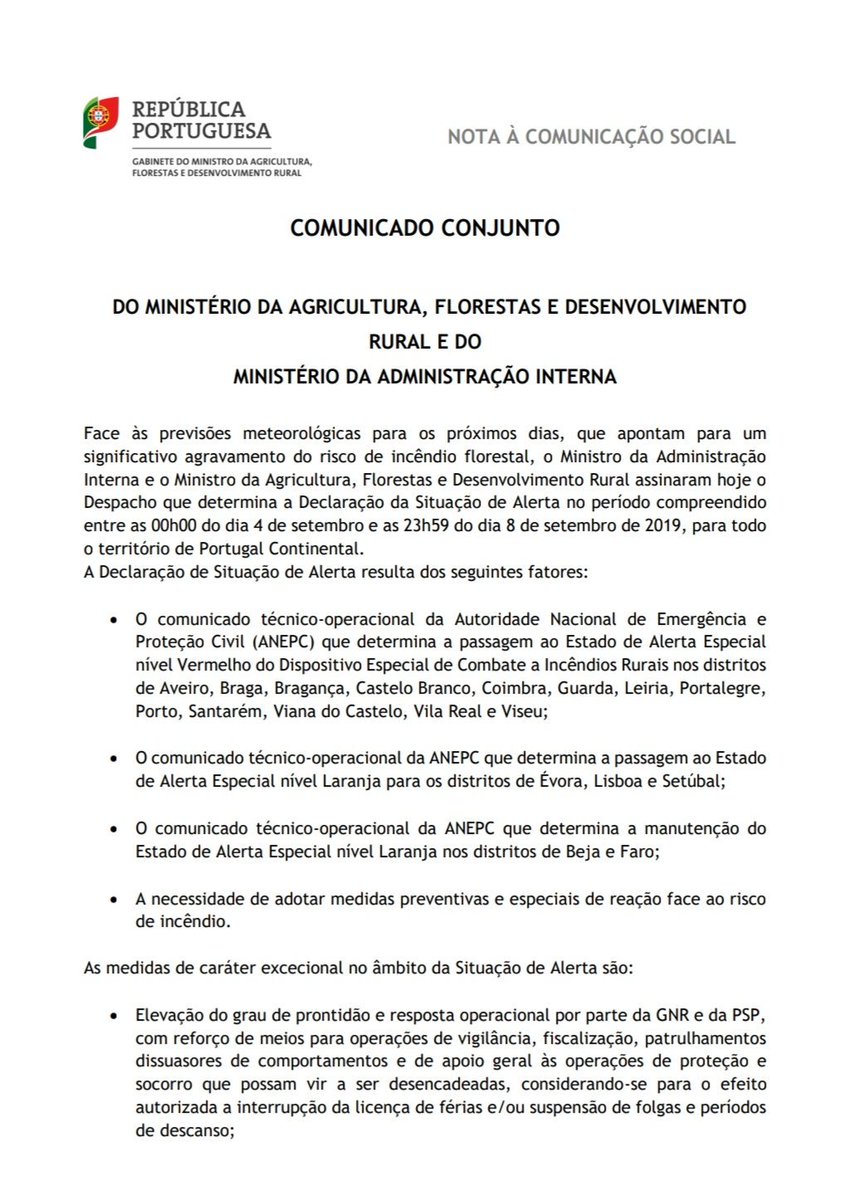 agricultura_pt's tweet photo. COMUNICADO CONJUNTO

DO MINISTÉRIO DA AGRICULTURA, FLORESTAS E DESENVOLVIMENTO RURAL E DO MINISTÉRIO DA ADMINISTRAÇÃO INTERNA

 #MAFDR #MAI #temperaturas #riscodeincêndio https://t.co/U2x5ERUzGL