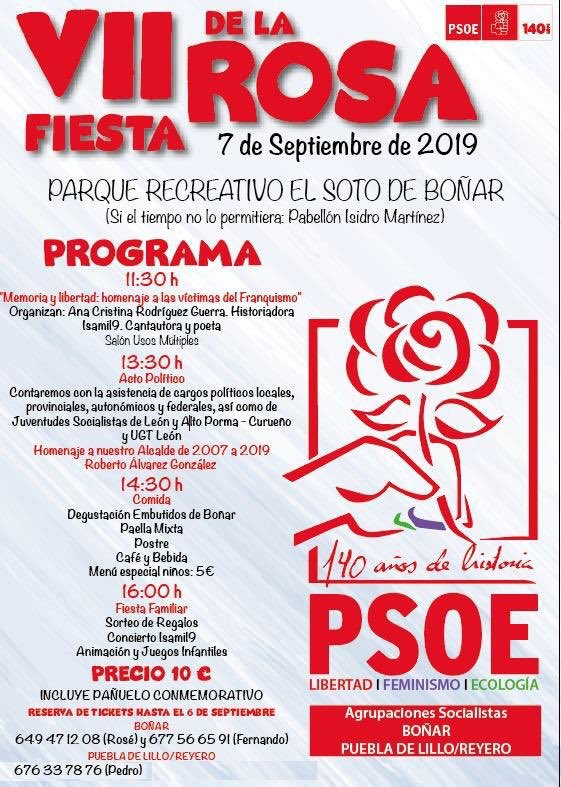PSLPSOE's tweet image. 🌹VII Fiesta de la Rosa de las agrupaciones socialistas de #Boñar #PueblaDeLillo y #Reyero 

📅Sábado, 7 de septiembre de 2019

📍Parque recreativo El Soto de #Boñar

⏰Acto político a las 13,30 h.